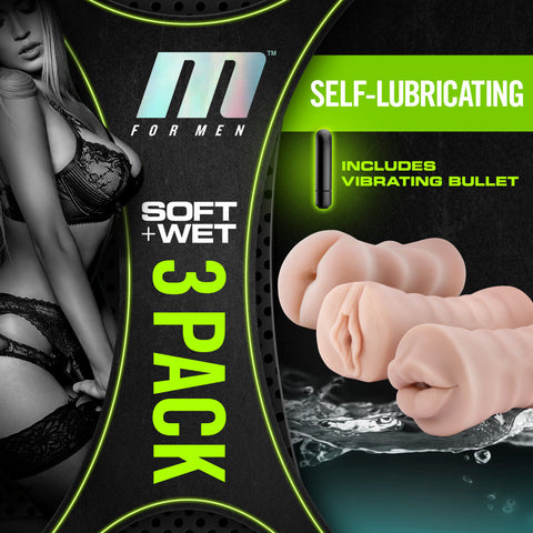 M for Men 3-Pack Self-Lubricating Vibrating Stroker Sleeves Masturbation Aids for Males
