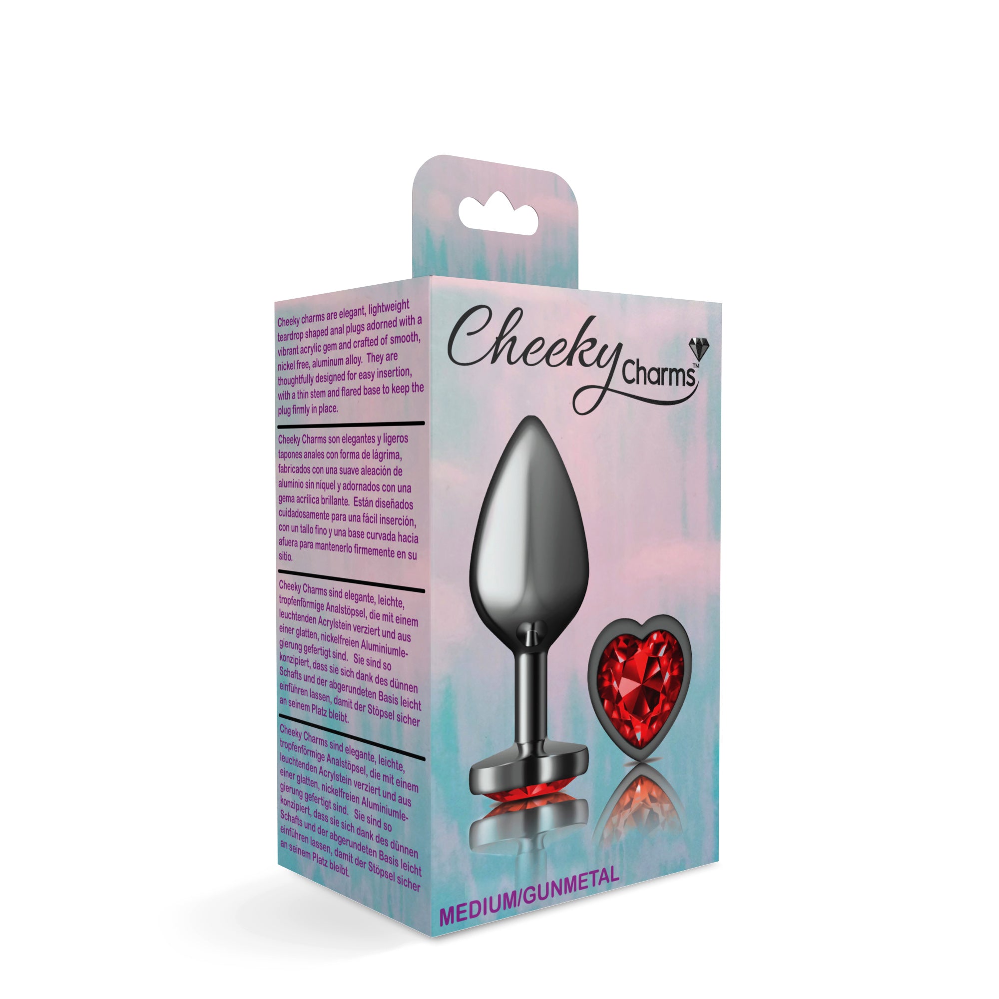 Cheeky Charms Gunmetal Butt Plug with Heart Red Jewel Medium > Anal Range > Jewel Butt Plugs