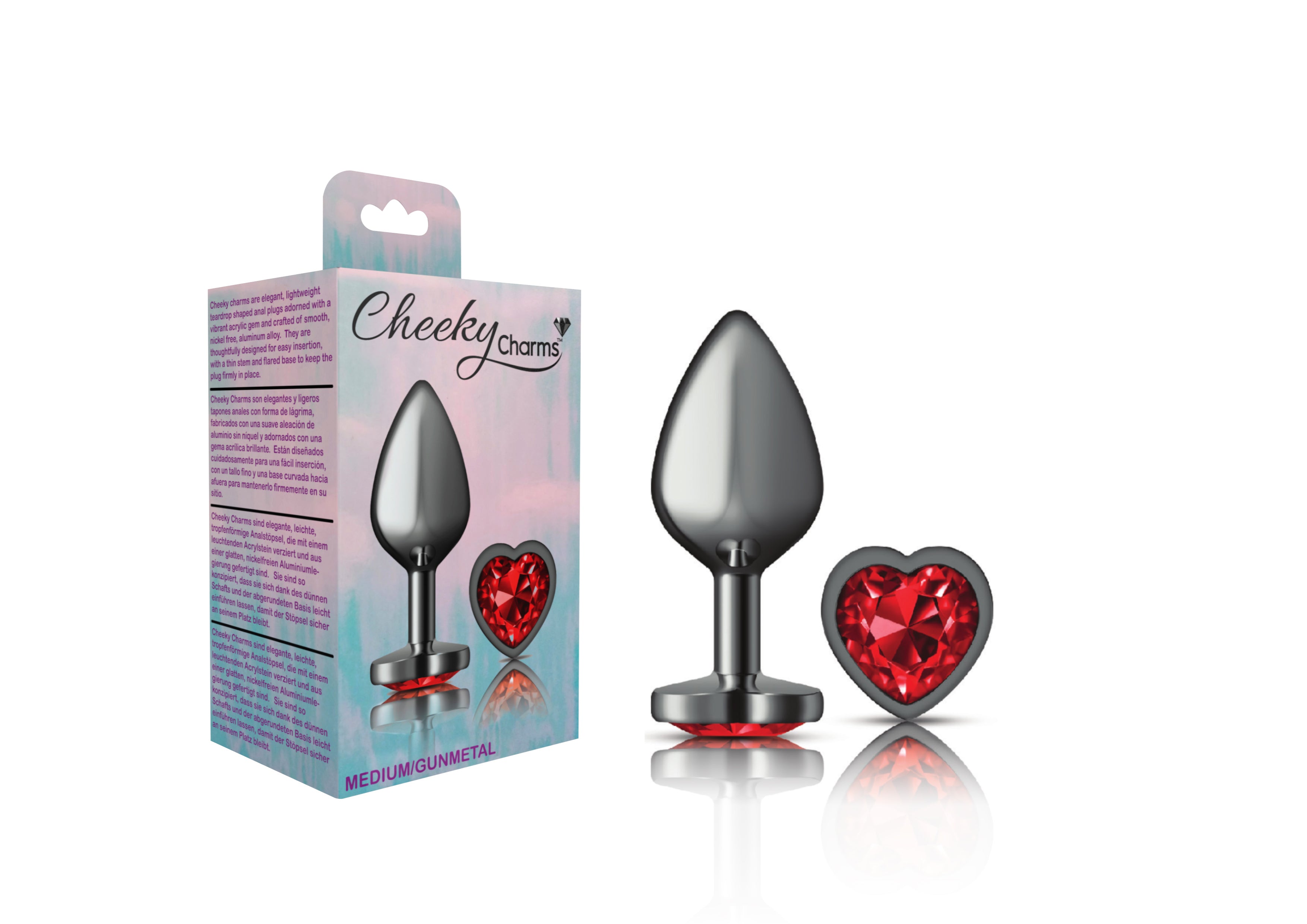 Cheeky Charms Gunmetal Butt Plug with Heart Red Jewel Medium > Anal Range > Jewel Butt Plugs