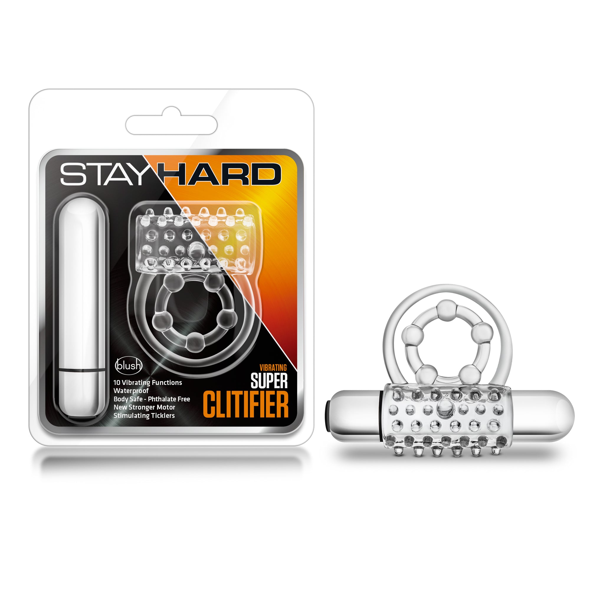 Stay Hard Vibrating Super Clitifier - Vibrating Cock Ring - Clear BULLETS