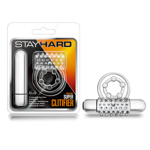 Stay Hard Vibrating Super Clitifier - Vibrating Cock Ring - Clear BULLETS