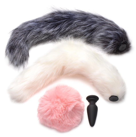 Snap-On Silicone Anal Plug with Three Interchangeable Animal Tails Tails