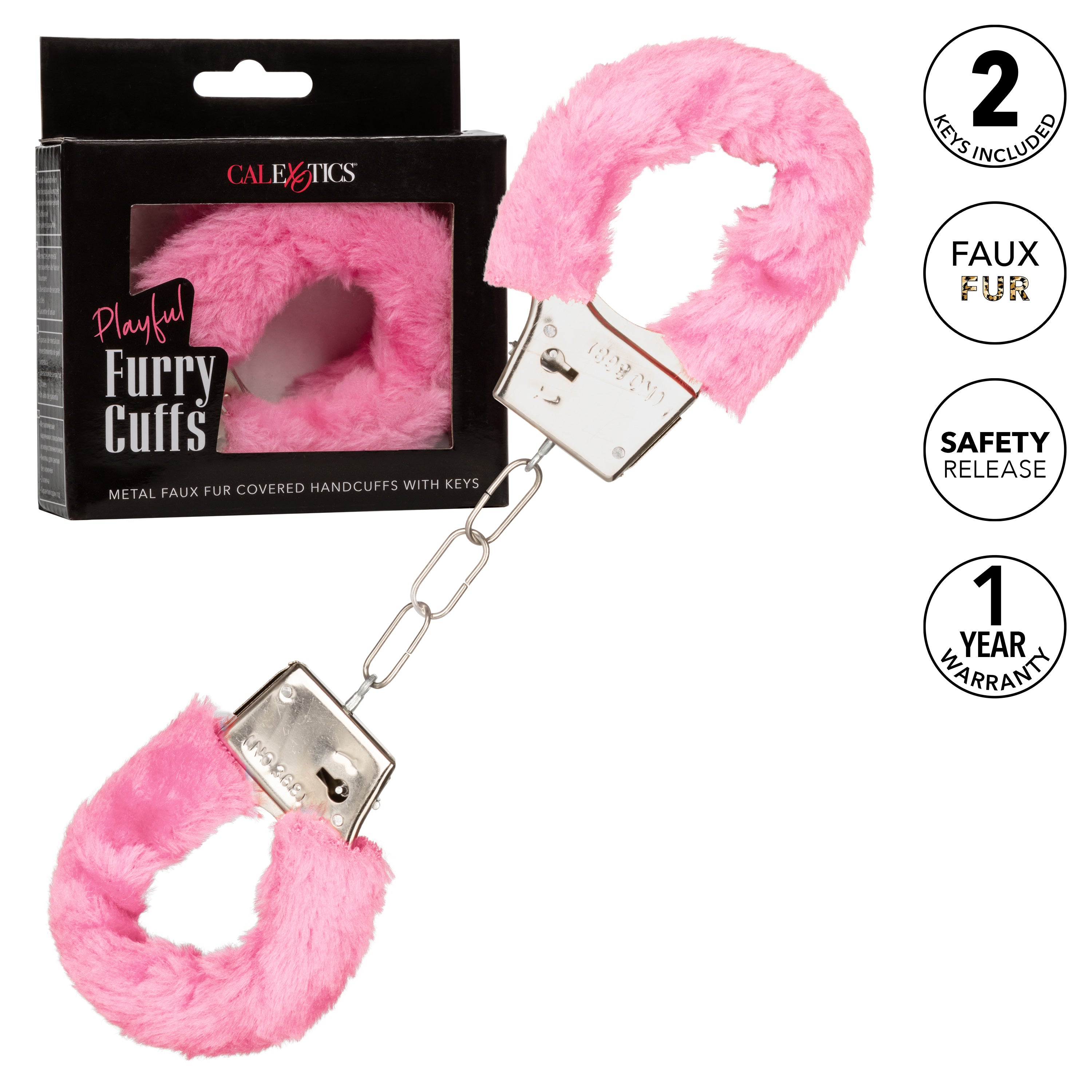 Playful Furry Cuffs Pink Plush Faux Fur Covered Adjustable Handcuffs with Lock and Keys > Bondage Gear > Restraints