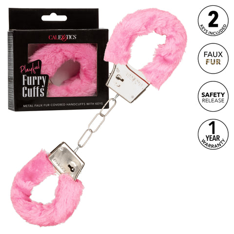 Playful Furry Cuffs Pink Plush Faux Fur Covered Adjustable Handcuffs with Lock and Keys > Bondage Gear > Restraints