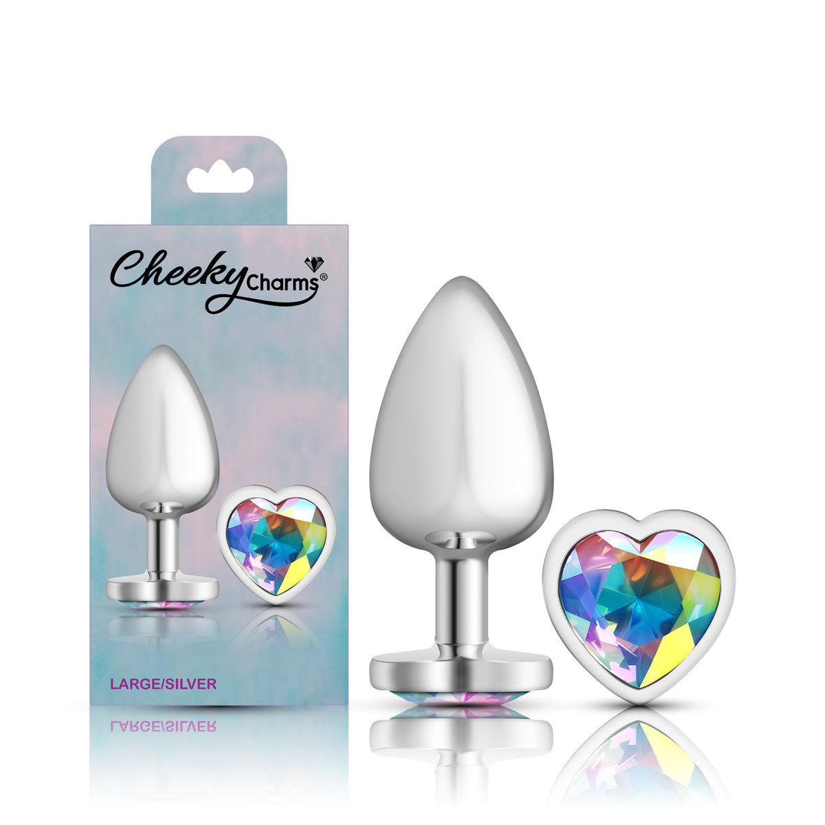 Cheeky Charms Silver Metal Butt Plug with Heart Clear Jewel Large (9.12cm) > Anal Range > Jewel Butt Plugs