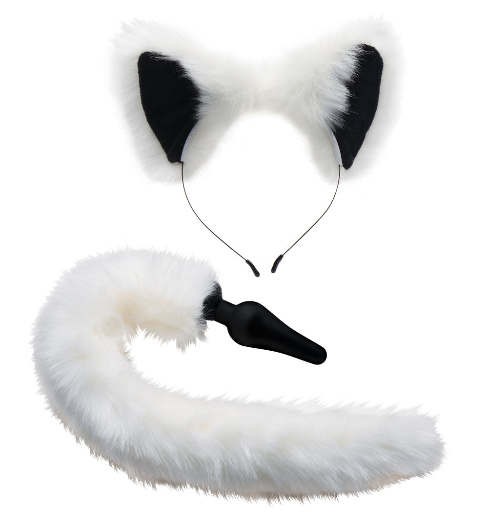 Anal Plug and Ears Set with White Fox Tail White Tails