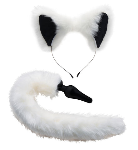 Anal Plug and Ears Set with White Fox Tail White Tails