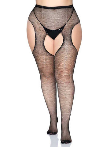 Leg Avenue Casey Rhinestone Fishnet Suspender Pantyhose Black – Luxe Lingerie Accessories Hosiery