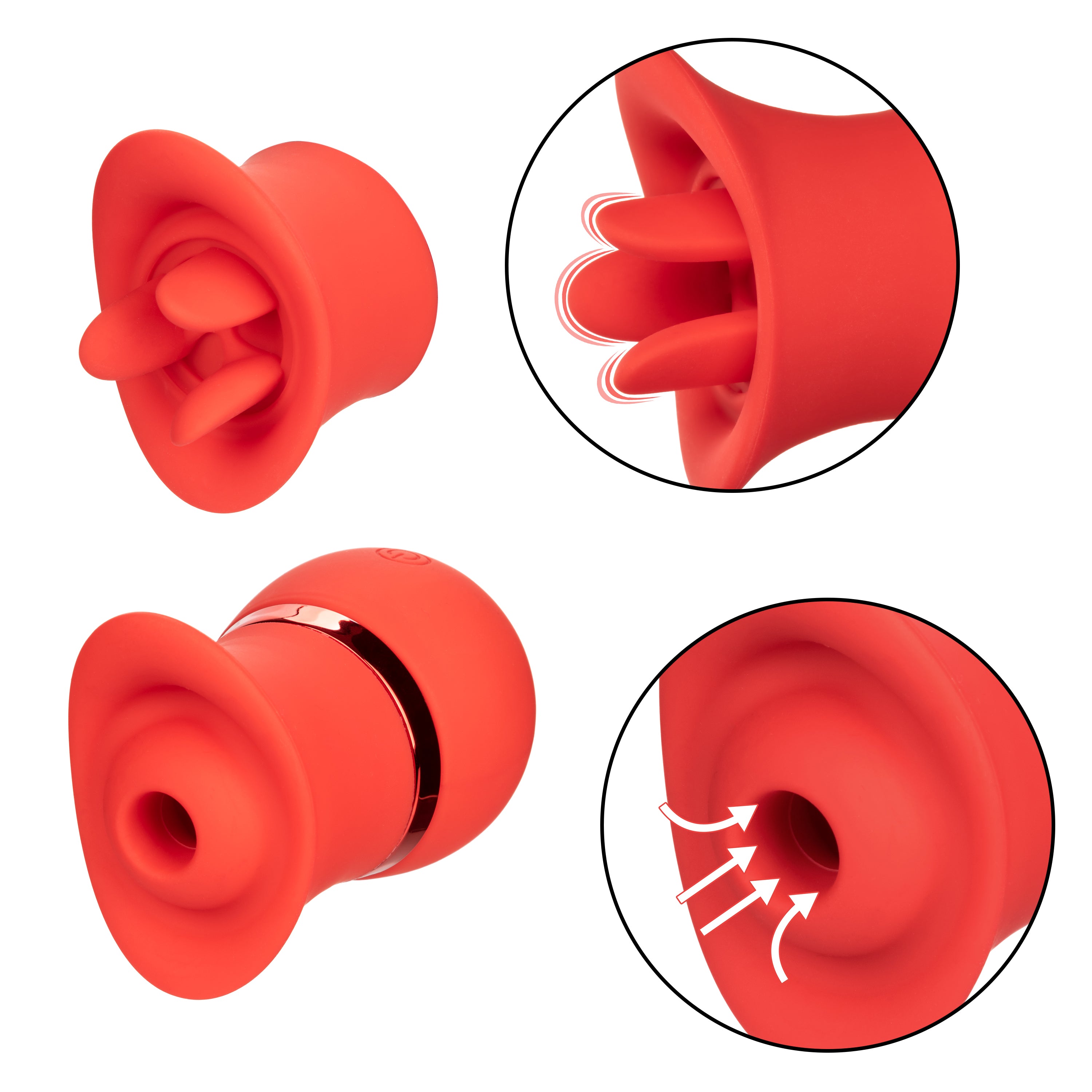 French Kiss Suck and Play Interchangeable Set Red Silicone Mini Massager with 12 Vibration and Suction Functions Suction Stimulator