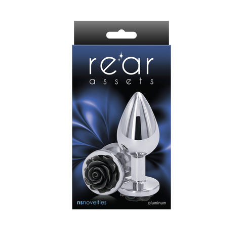 Rear Assets Rose Medium 8.9 cm Metal Butt Plug Black Rose Base > Anal Range > Jewel Butt Plugs