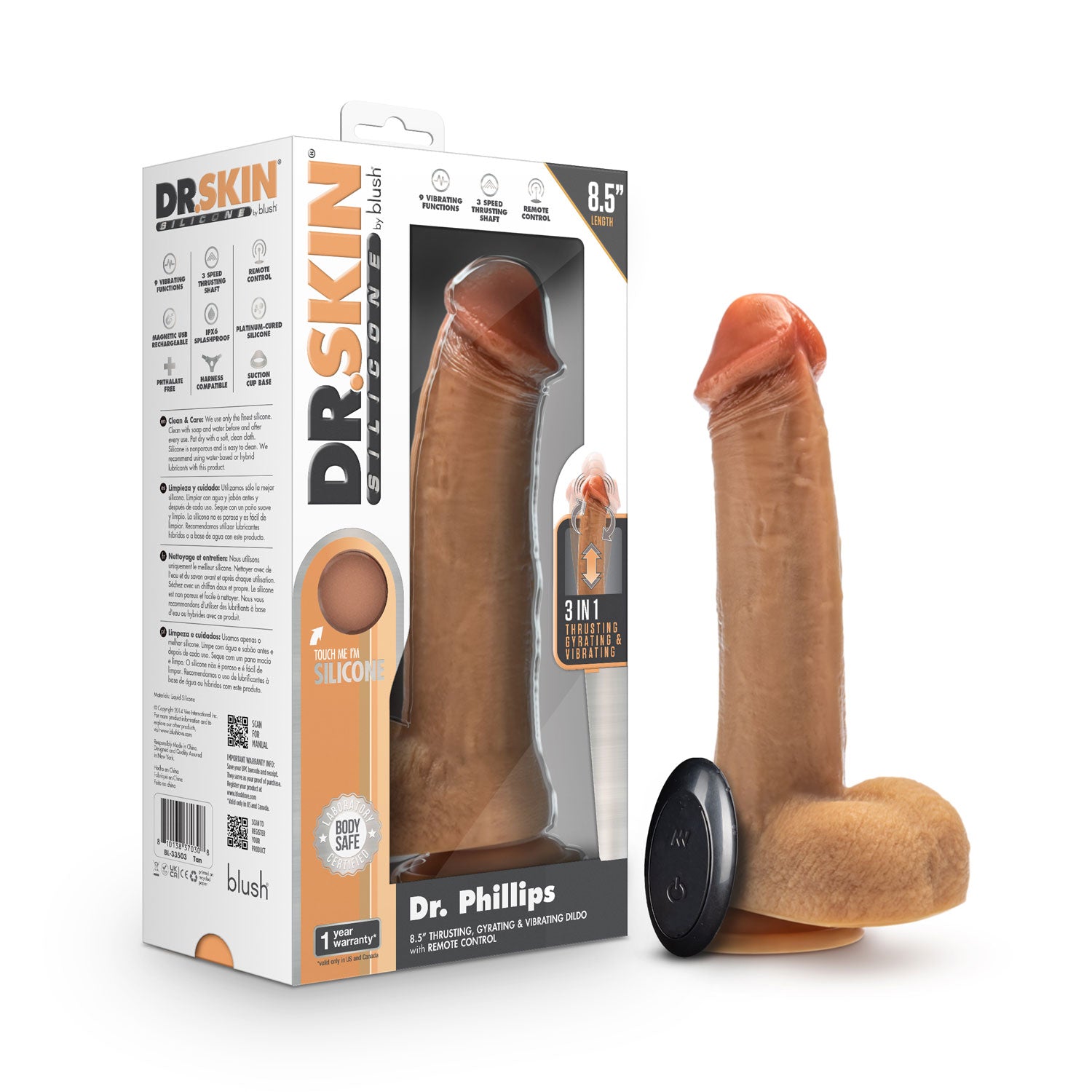 Dr Phillips 8.5 Inch Tan Silicone Thrusting Dildo with Remote DONGS Thrusting