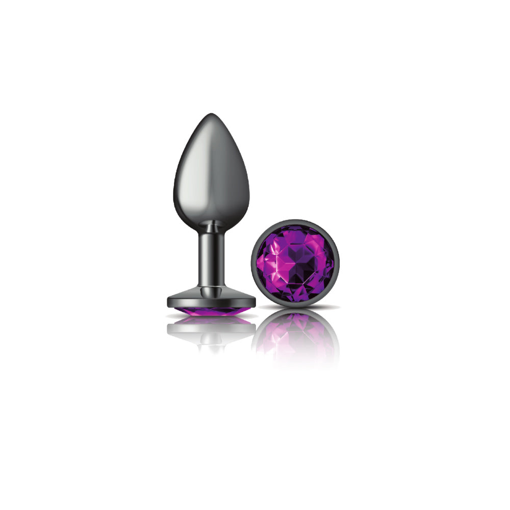 Cheeky Charms Gunmetal Round Butt Plug with Purple Jewel Small (6.78cm) Purple Small > Anal Range > Jewel Butt Plugs