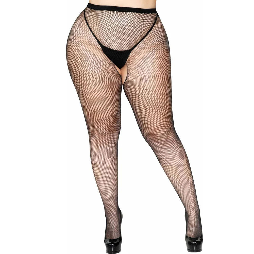 Crotchless Fishnet Pantyhose Queen Size Black Hosiery Lingerie Hosiery