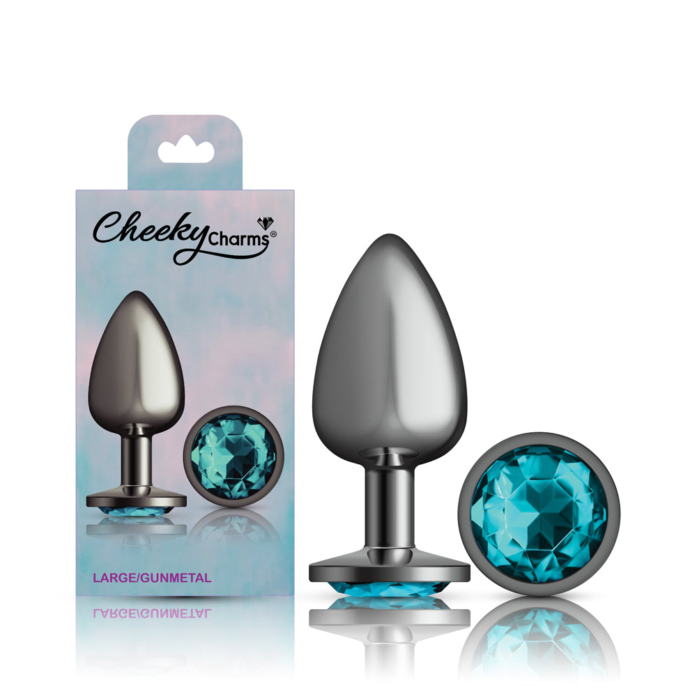 Cheeky Charms Gunmetal Round Butt Plug with Teal Jewel Large (9.12cm) > Anal Range > Jewel Butt Plugs