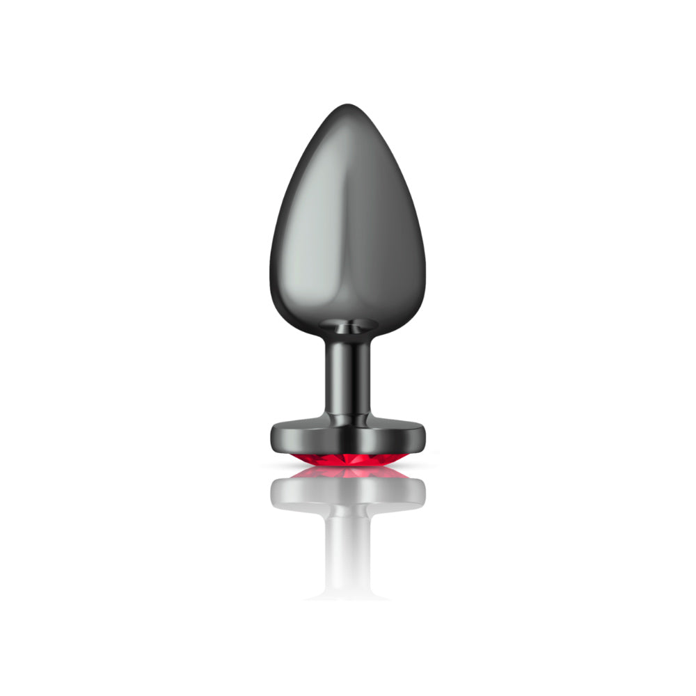 Cheeky Charms Gunmetal Butt Plug with Heart Red Jewel Large > Anal Range > Jewel Butt Plugs
