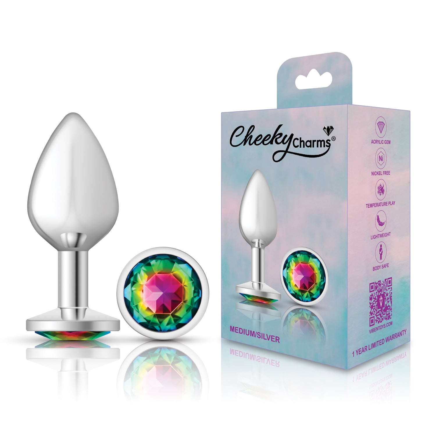 Cheeky Charms Silver Round Butt Plug with Rainbow Jewel Medium > Anal Range > Jewel Butt Plugs