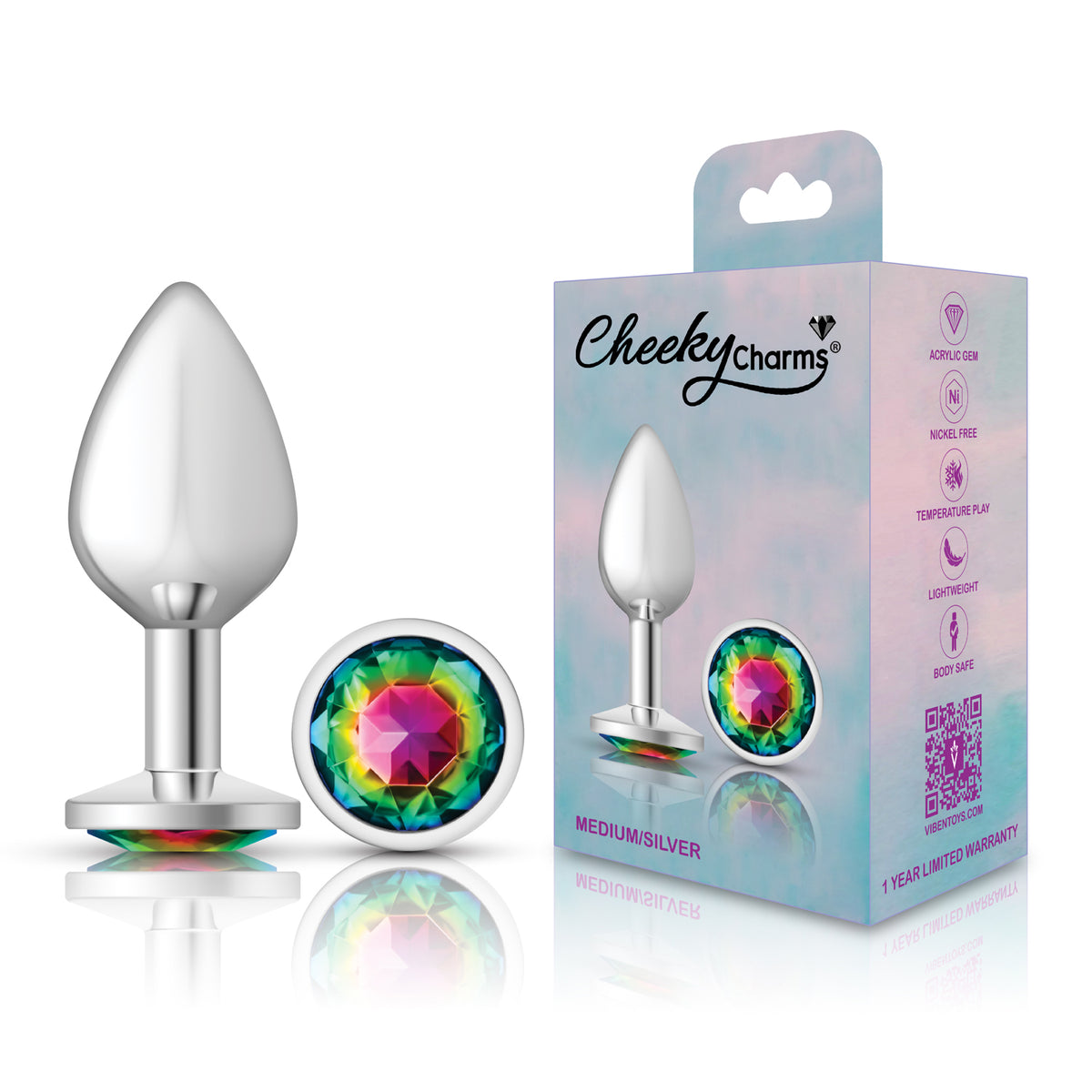 Cheeky Charms Silver Round Butt Plug with Rainbow Jewel Medium (8.03cm) > Anal Range > Jewel Butt Plugs