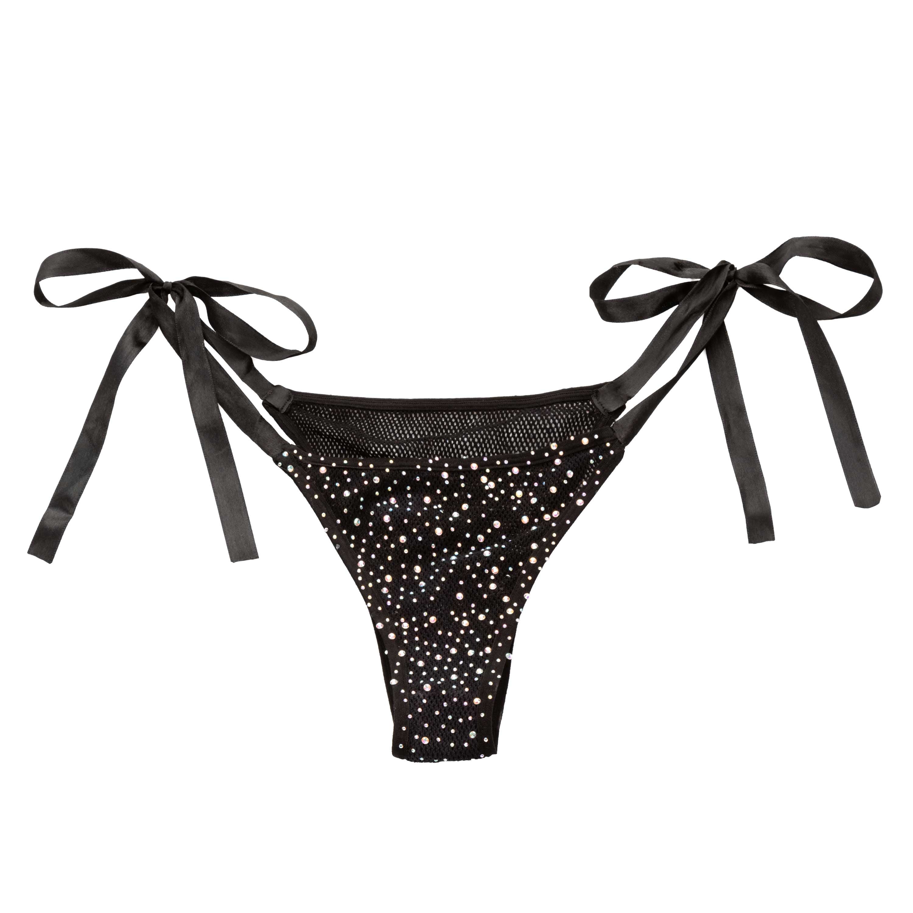 Radiance Side-Tie Panties Black Rhinestone Mesh with Satin Ties – One Size Panties