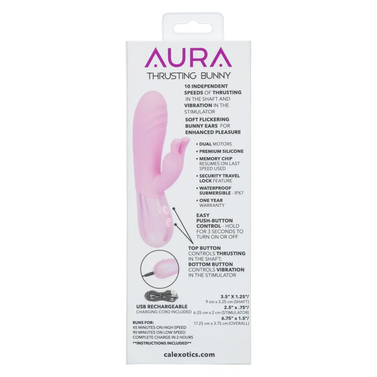 A boxed adult novelty product labeled AURA Thrusting Bunny, shown upright on a plain white background. The package is mostly white with pink and purple text and a pink illustration of the bunny insert.