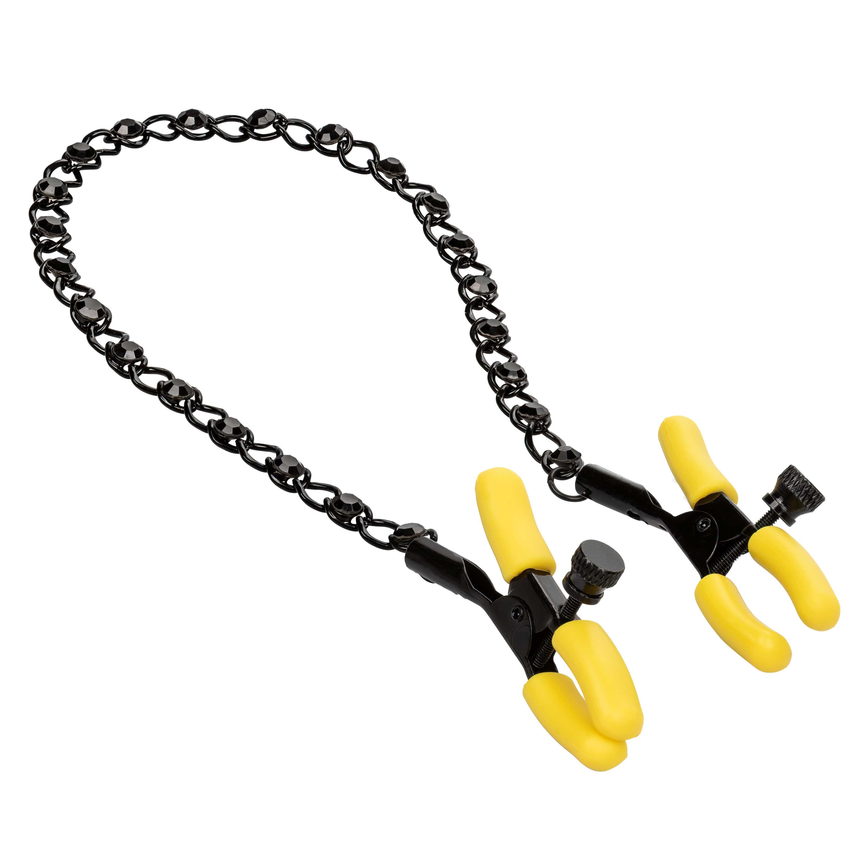 Boundless Nipple Teasers Adjustable Black Chain with Yellow Silicone Coated Clamps and Crystal Adornments Nipple Stimulators