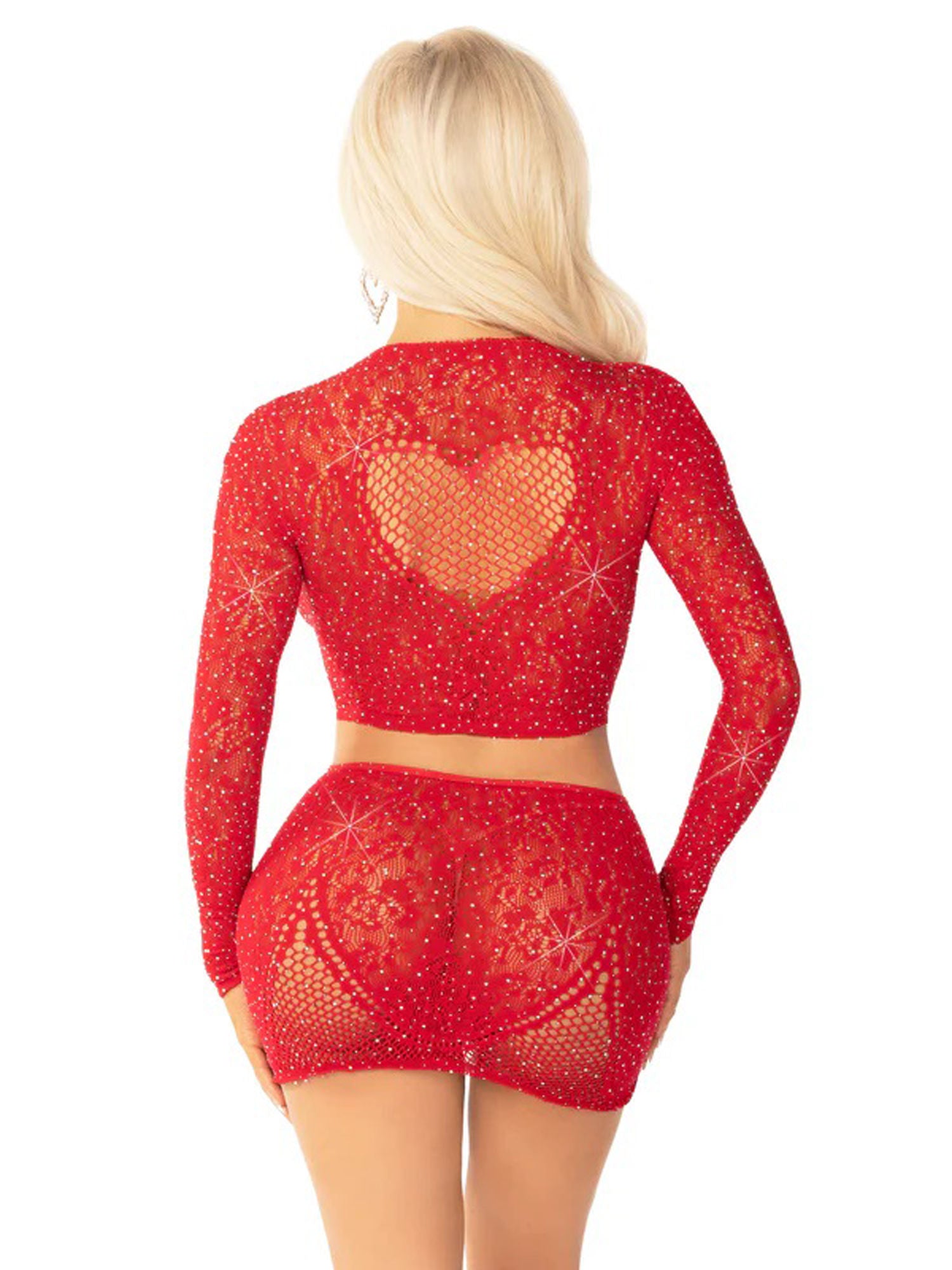 Black Rhinestone Lace Crop Top and Heart Keyhole Mini Skirt Lingerie Sets
