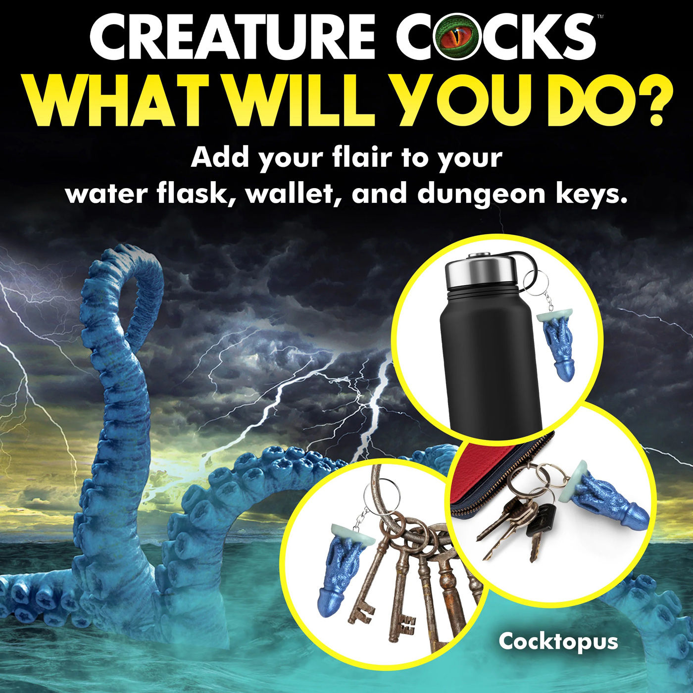 Blue Cocktopus Keychain Adult Novelty Keyring for Fantasy Fans Key Chains