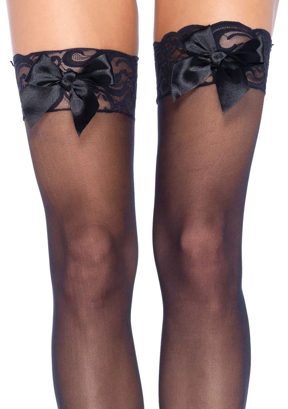 Sheer Lace Top Thigh Highs (Black) – Satin Bow Accent Lingerie Black One Size > Clothes > Hosiery > Stockings