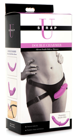 Double Charmer Silicone Double Dildo with Adjustable Harness Purple Harnesses & Strap-Ons
