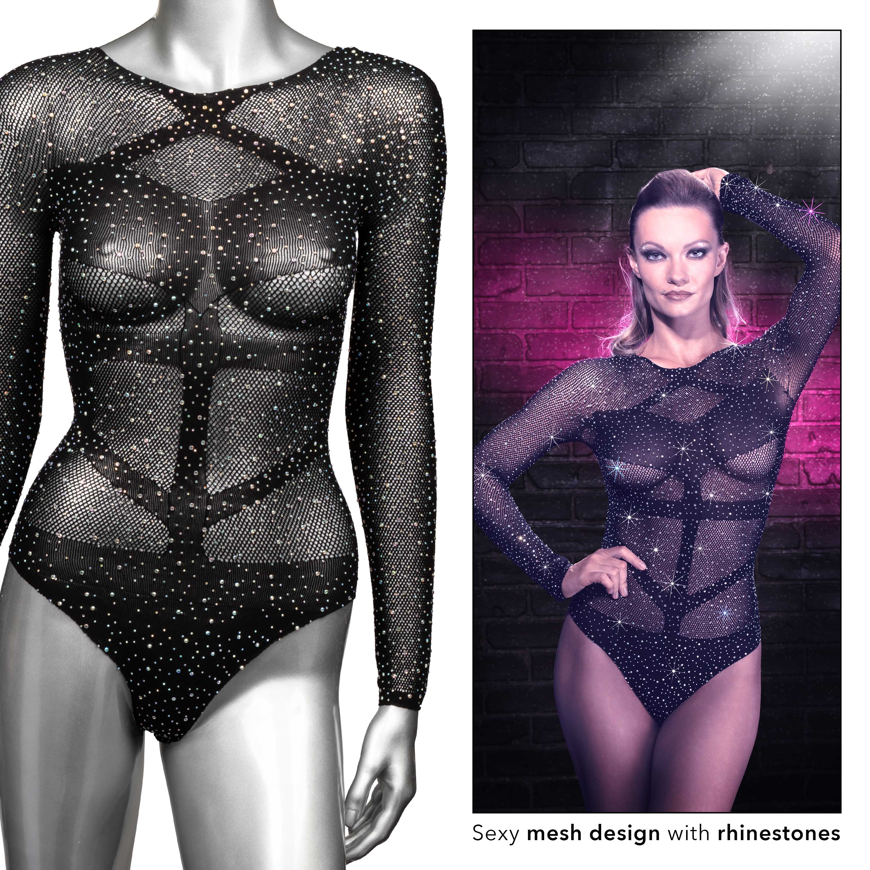 Radiance Long Sleeve Black Mesh Bodysuit – Rhinestone Lingerie Bodystocking
