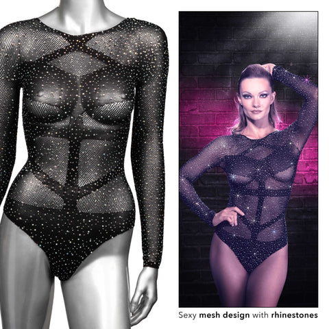 Radiance Long Sleeve Black Mesh Bodysuit – Rhinestone Lingerie Bodystocking