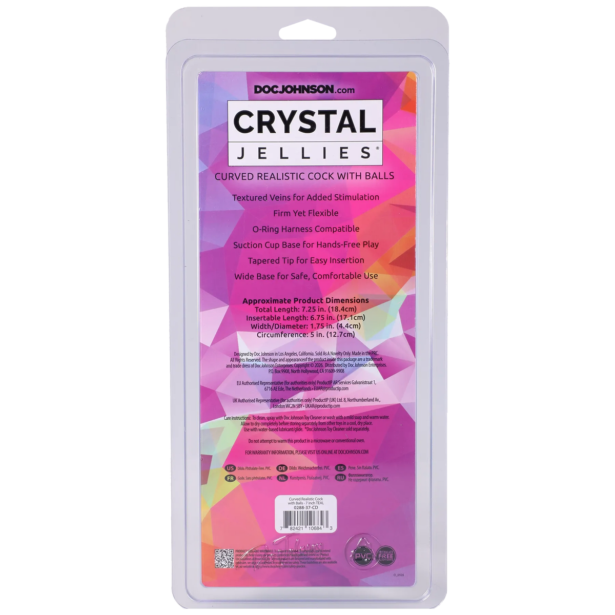 Crystal Jellies Curved Realistic Cock with Balls 7 Inch, back of packaging