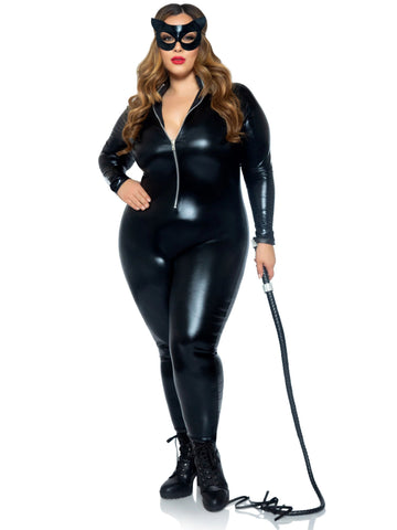 Leg Avenue Black Lam Zipper Front Catsuit Erotic Costume Black Costumes