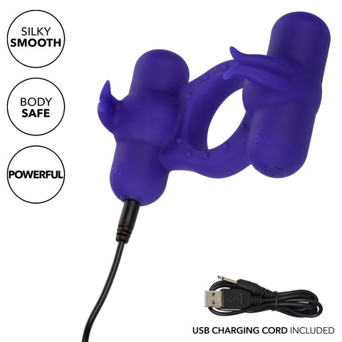 Silicone Rechargeable Triple Orgasm Enhancer in Purple with 12 Vibration Functions and Dual Independent Motors Cock Rings Vibrating
