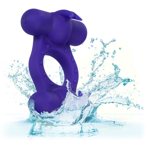 Silicone Rechargeable Triple Orgasm Enhancer in Purple with 12 Vibration Functions and Dual Independent Motors Cock Rings Vibrating