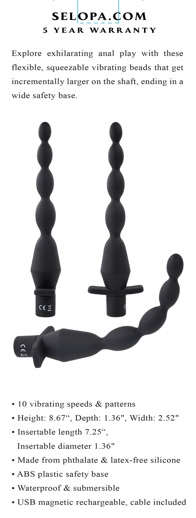 Selopa Vibrating Butt Beads 22cm Waterproof Anal Toy Black > Anal Range > Anal Beads