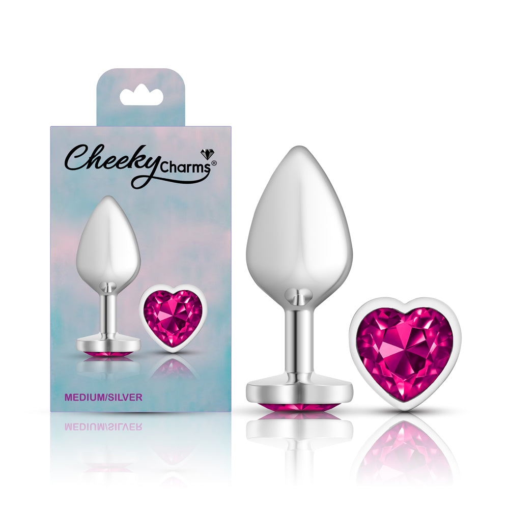 Cheeky Charms Silver Metal Butt Plug with Heart Pink Jewel Medium (8.03cm) > Anal Range > Jewel Butt Plugs