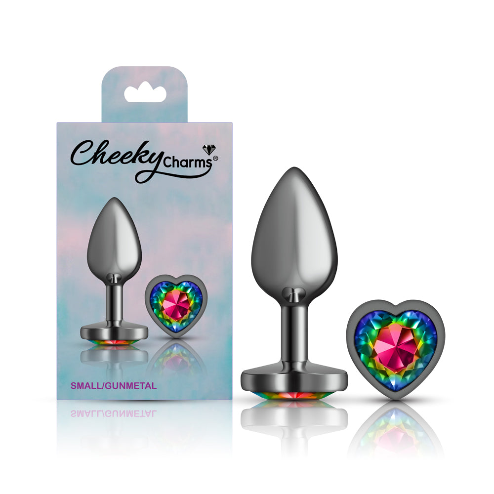 Cheeky Charms Gunmetal Butt Plug with Heart Rainbow Jewel Small > Anal Range > Jewel Butt Plugs