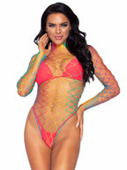 Leg Avenue Rainbow High Neck Fishnet Long Sleeve Bodysuit With Snap Crotch Thong Panty – One Size > Clothes > Bodies and Playsuits