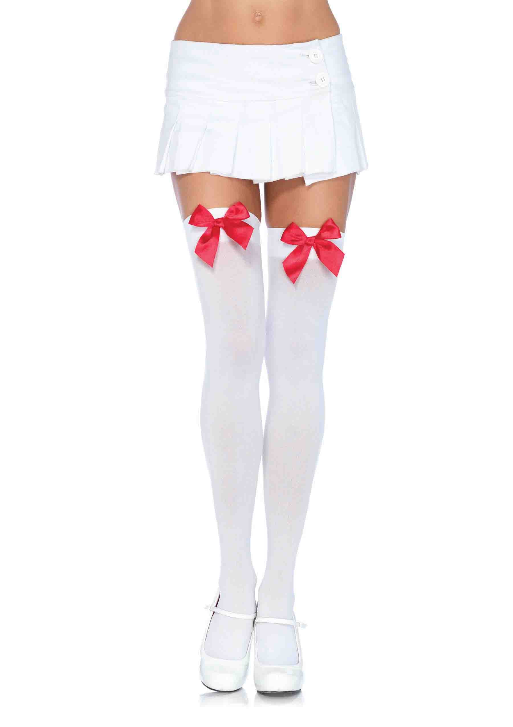 White Nylon Over The Knee Socks With Red Bow Accent Hosiery Secondary image