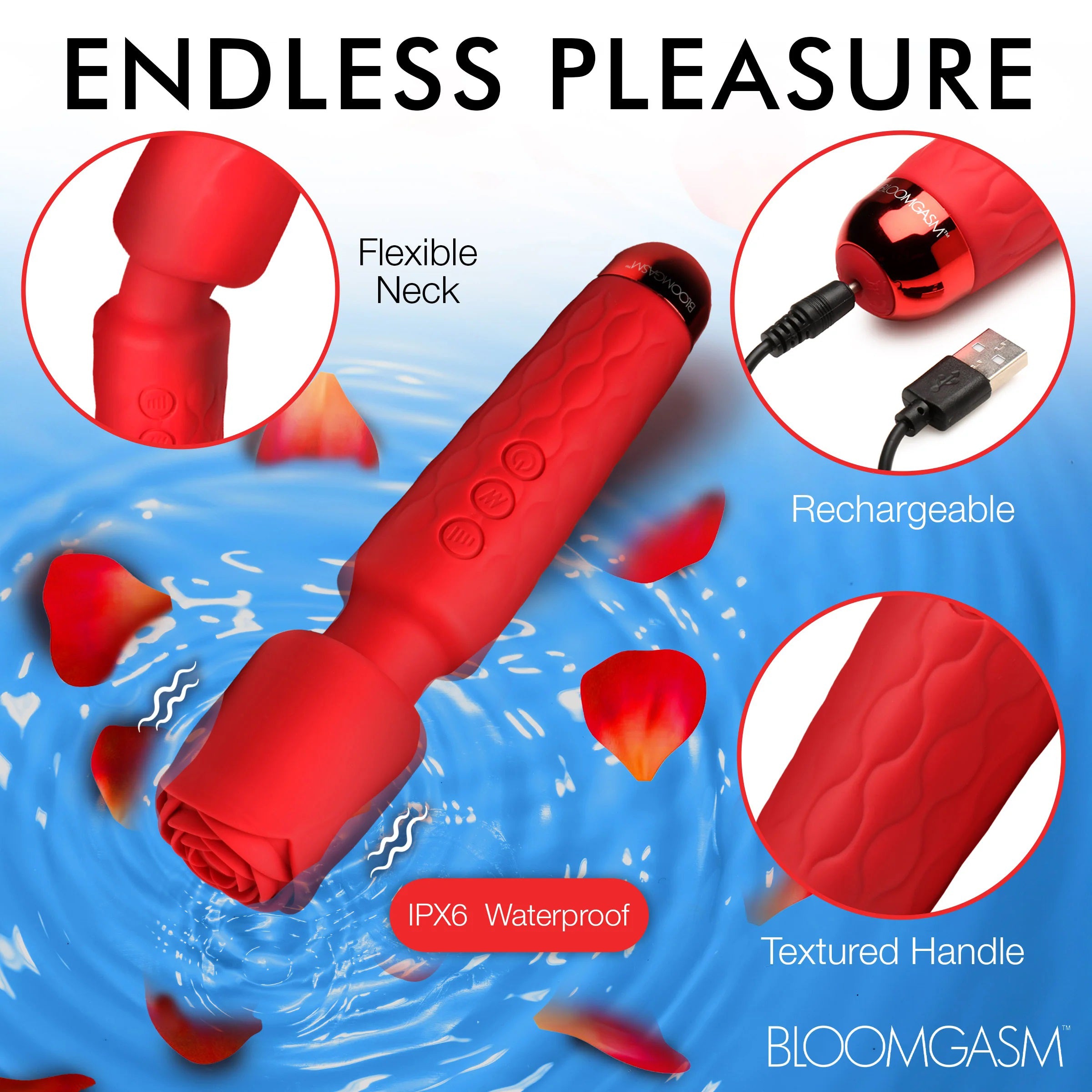 Pleasure Rose Silicone Wand With Rose Attachment Red Adult Toy Rose Stimulators