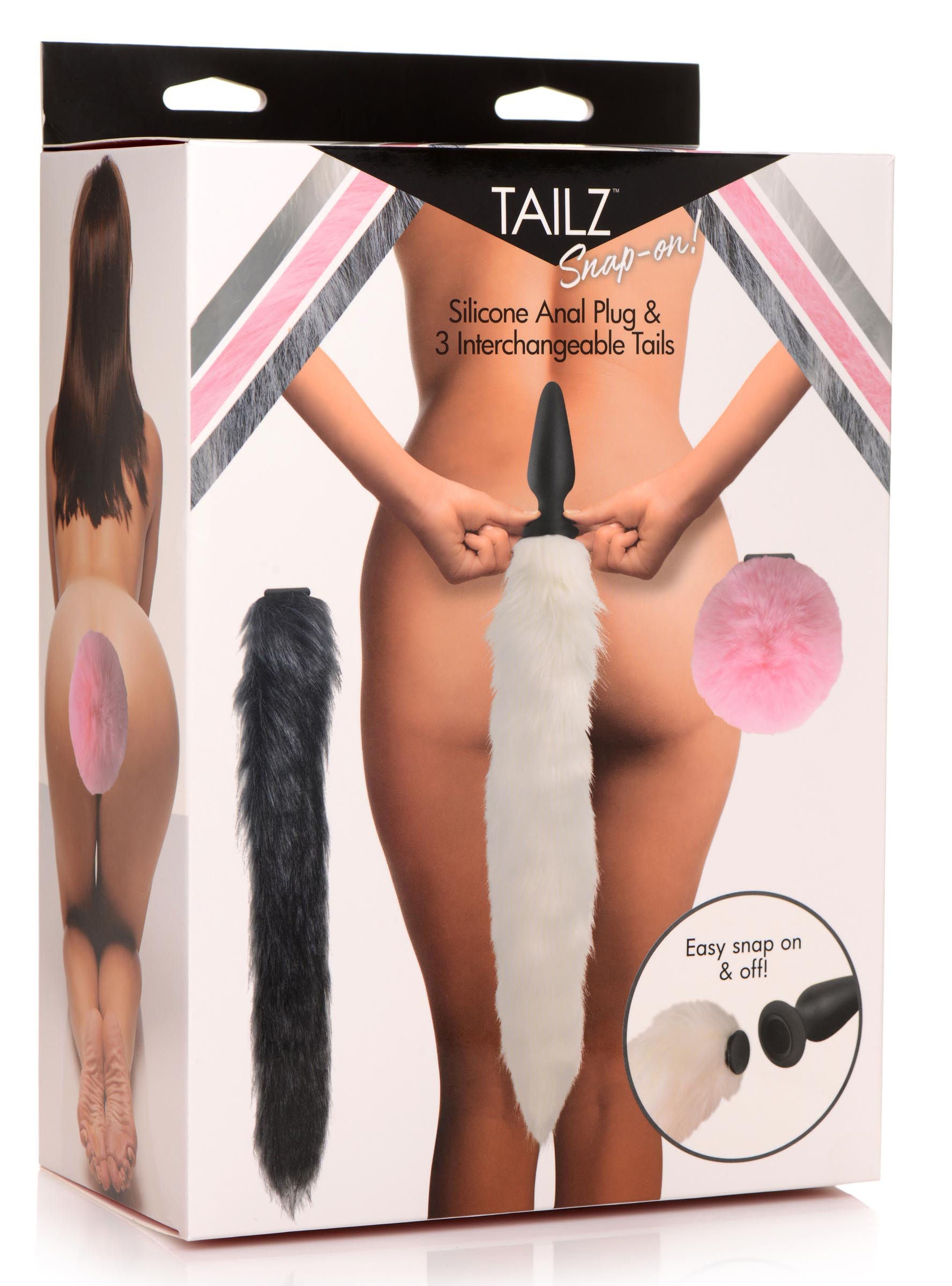 Snap-On Silicone Anal Plug with Three Interchangeable Animal Tails Multi Tails