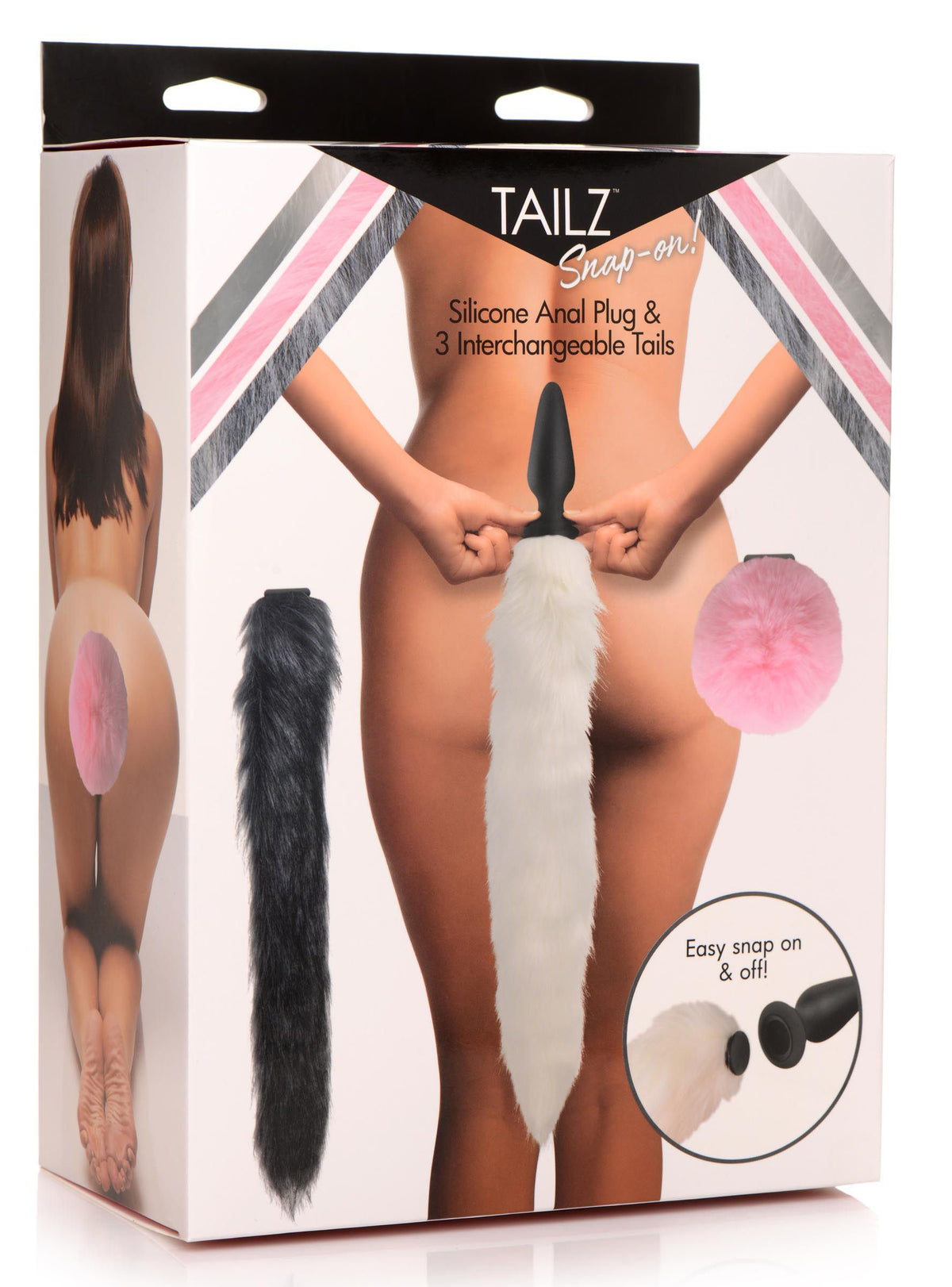 Snap-On Silicone Anal Plug with Three Interchangeable Animal Tails Multi Tails