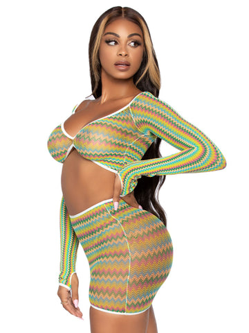 2 Pc Green Zig Zag Net Crop Top and Mini Dress Lingerie Set Green > Clothes > Dresses and Chemises