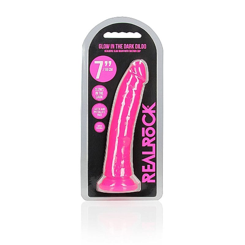 Shots Toys DONGS Pink REALROCK 18 cm Slim Glow in the Dark Neon - (7'') Dong 8714273519955