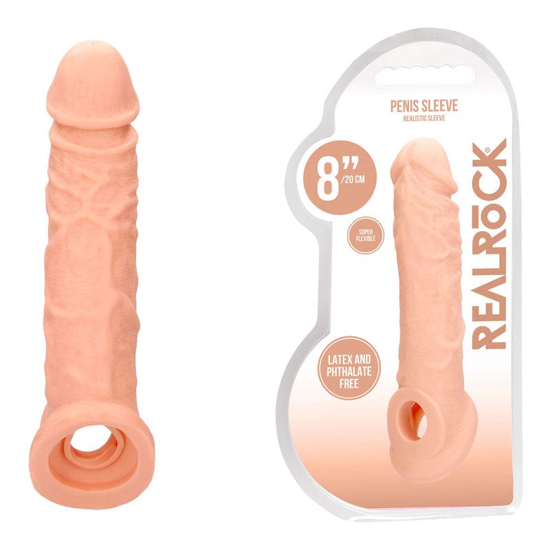 Shots Toys SLEEVES Flesh REALROCK 8'' Realistic Penis Extender with Rings -  20.3 cm Penis Extension Sleeve 7423522550588