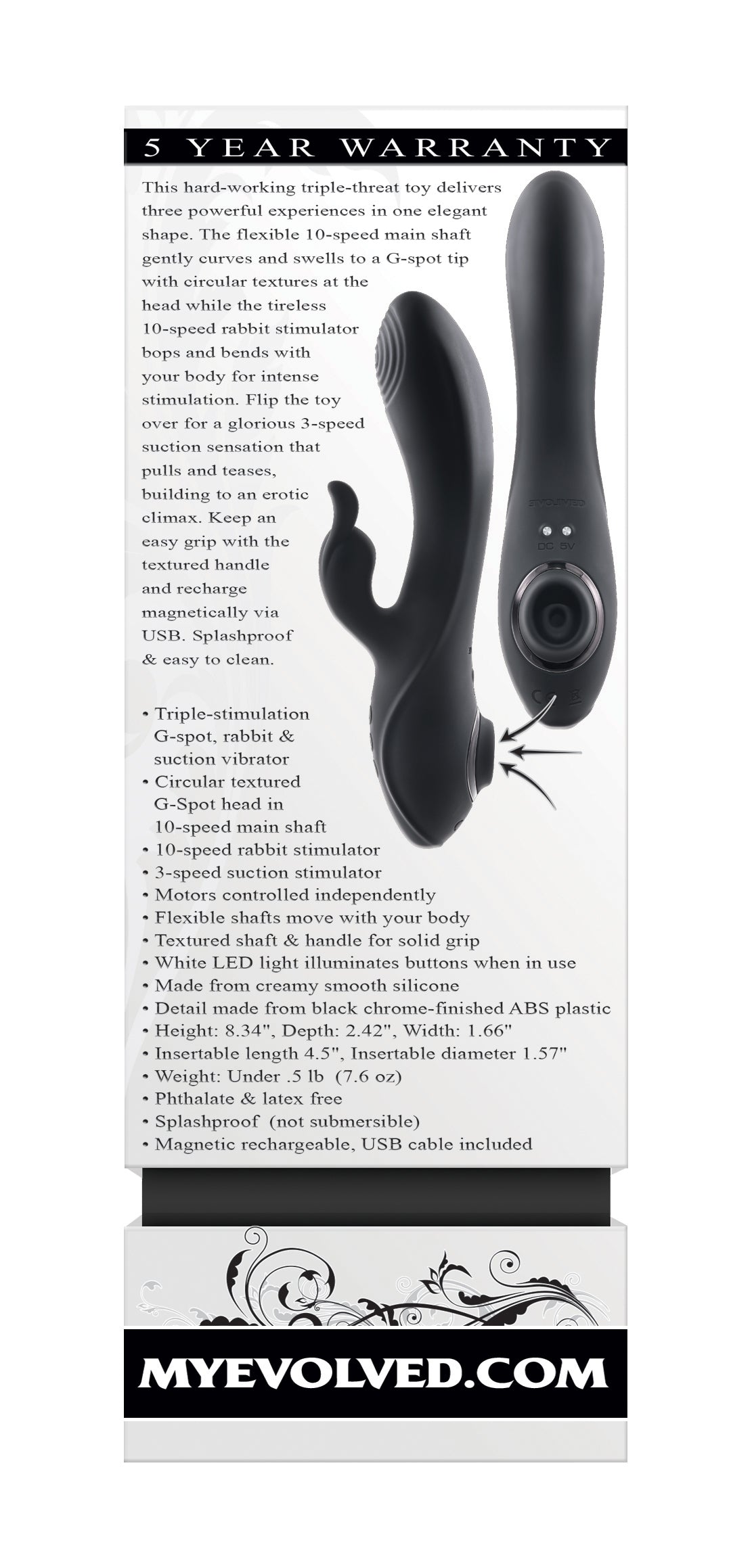 Evolved Rabbit Hole 21.2 Centimeter USB Rechargeable Rabbit Vibrator Black VIBRATORS-RABBIT