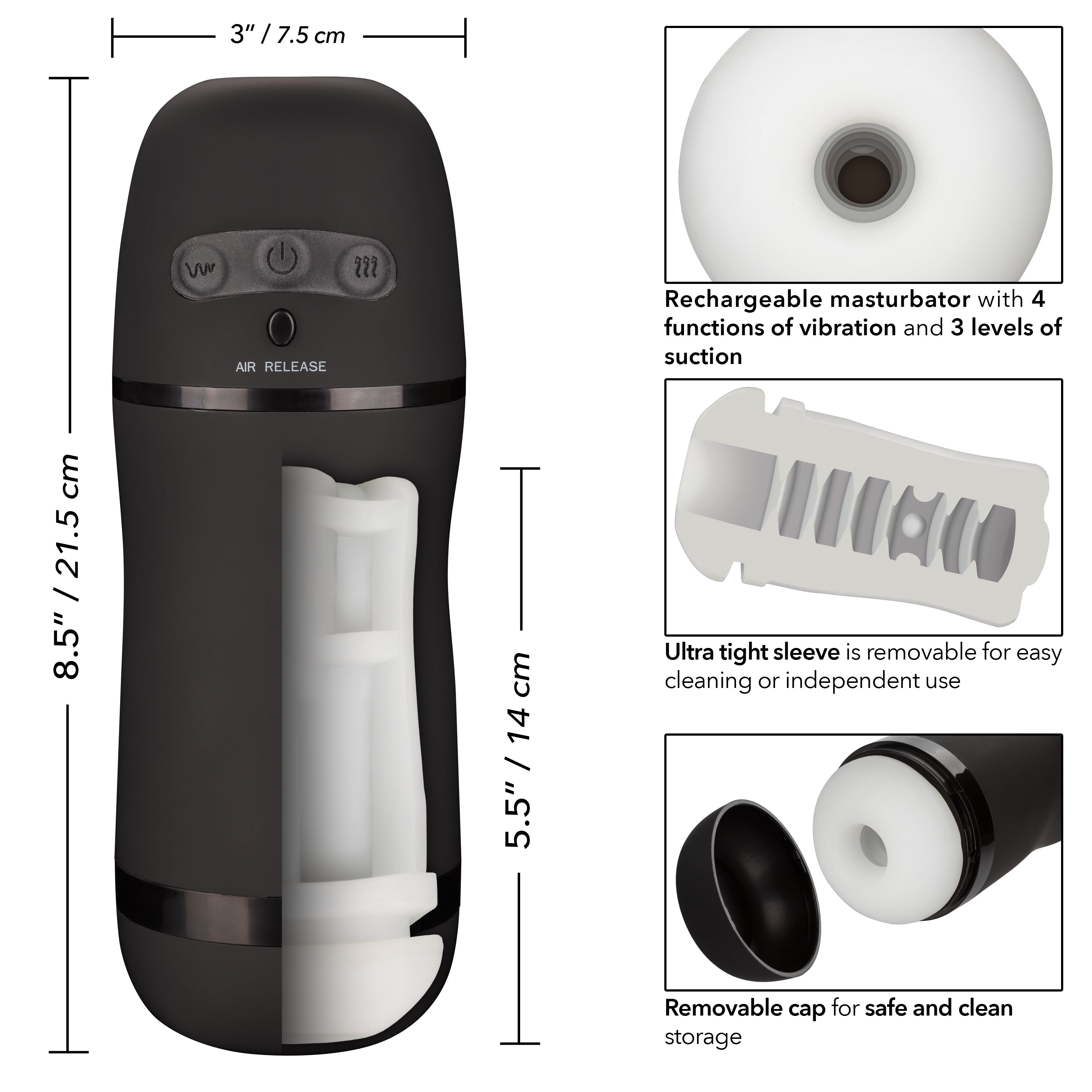 Optimum Power Pulsar Stroker Black Rechargeable Vibrating Masturbator with Suction and Textured Sleeve Strokers - Manual