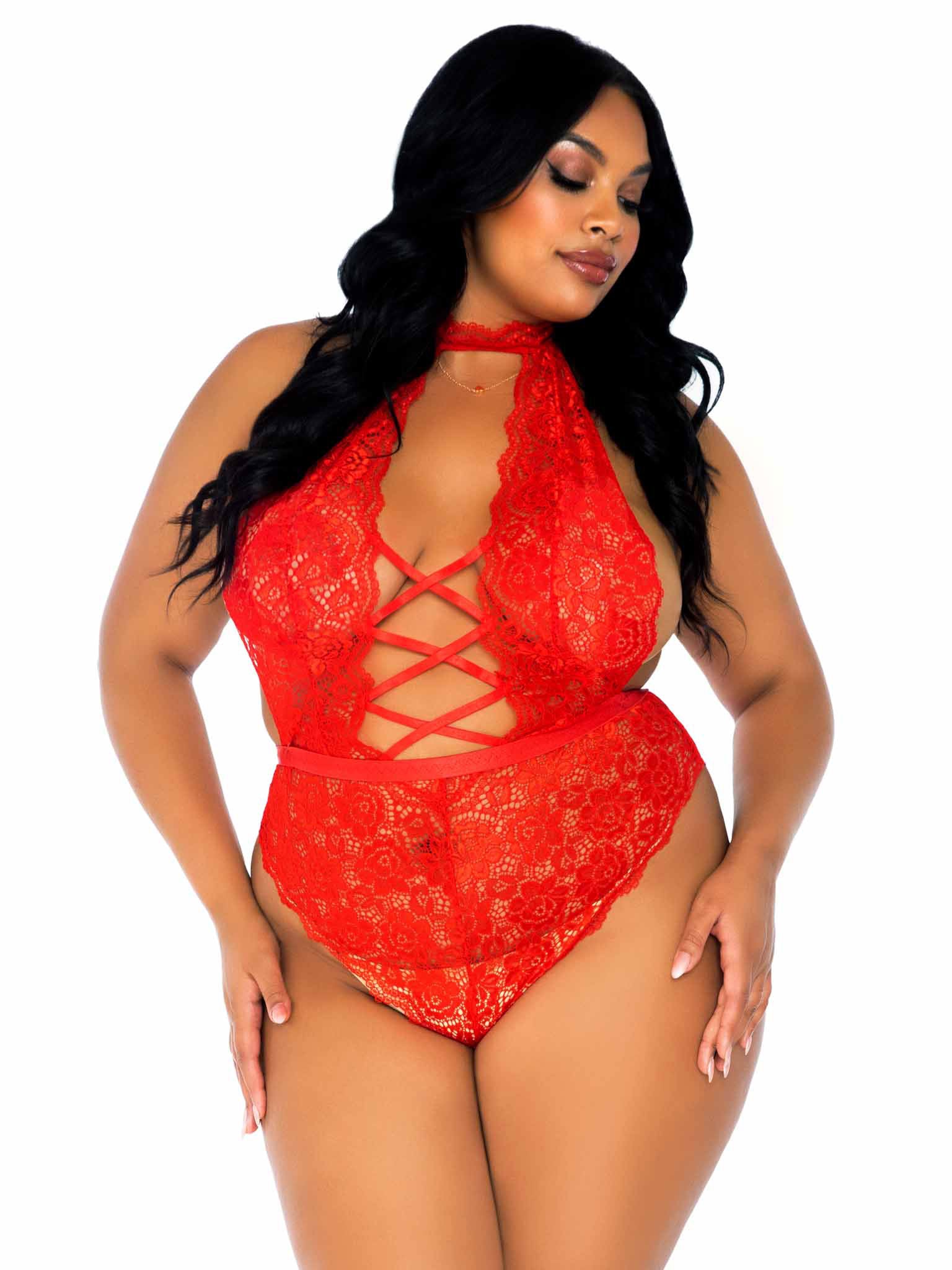 Leg Avenue Floral Lace Crotchless Teddy Red UK 14 to 18 > Clothes > Plus Size Lingerie