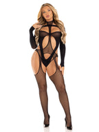 2 Pc Fishnet Suspender Bodystocking and Layered Opaque Teddy (Black) – Lingerie Set > Clothes > Bodies and Playsuits
