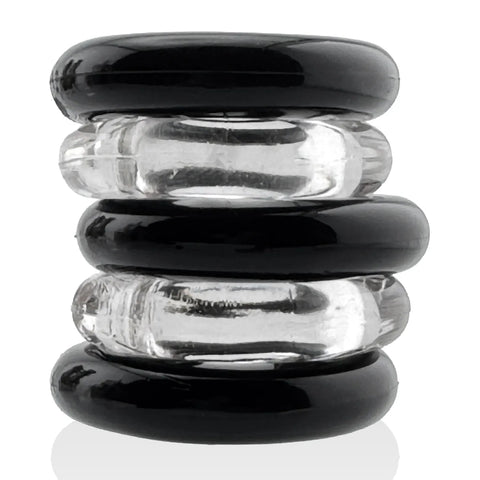 Jacker 5-Stack Five-Pack Tube Super-Strong Cockrings Clear Black > Cock Ring > Sets